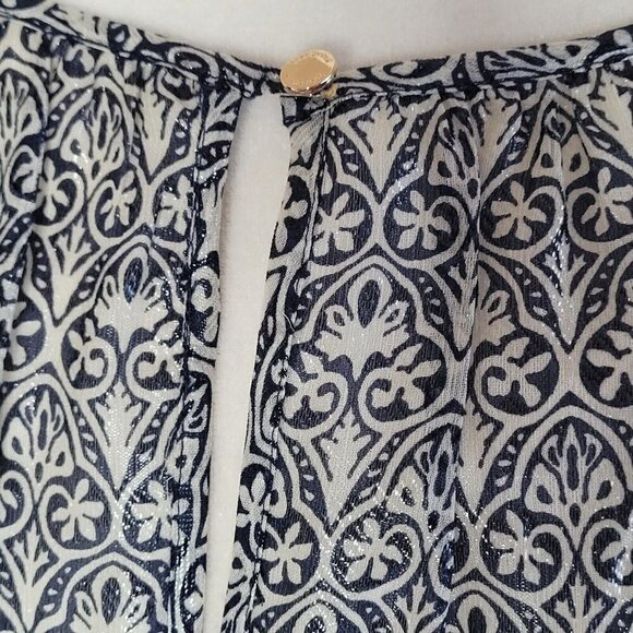 Tory Burch Stretch Silk Keyhole Neck Blue Metallic Long Sleeve Blouse Size 4 - Picture 5 of 12